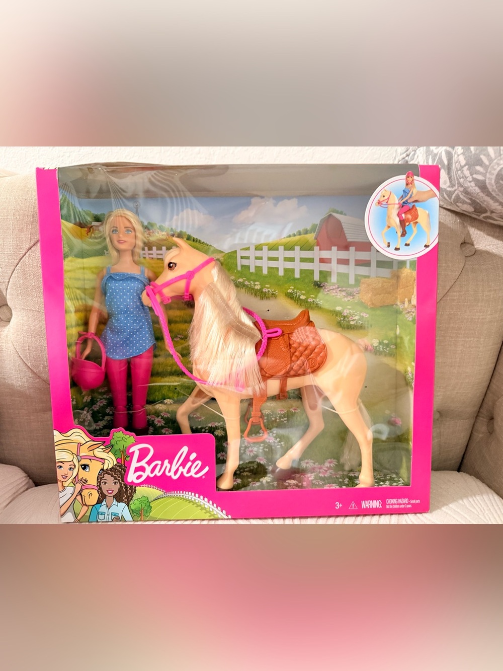Barbie Blonde Horse with Bright Pink Bridle and Brown Saddle